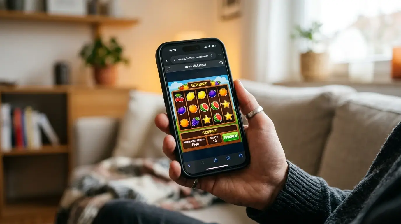 Hand hält ein Smartphone mit laufender Automaten-Demo im Browser, ohne echtes Geld