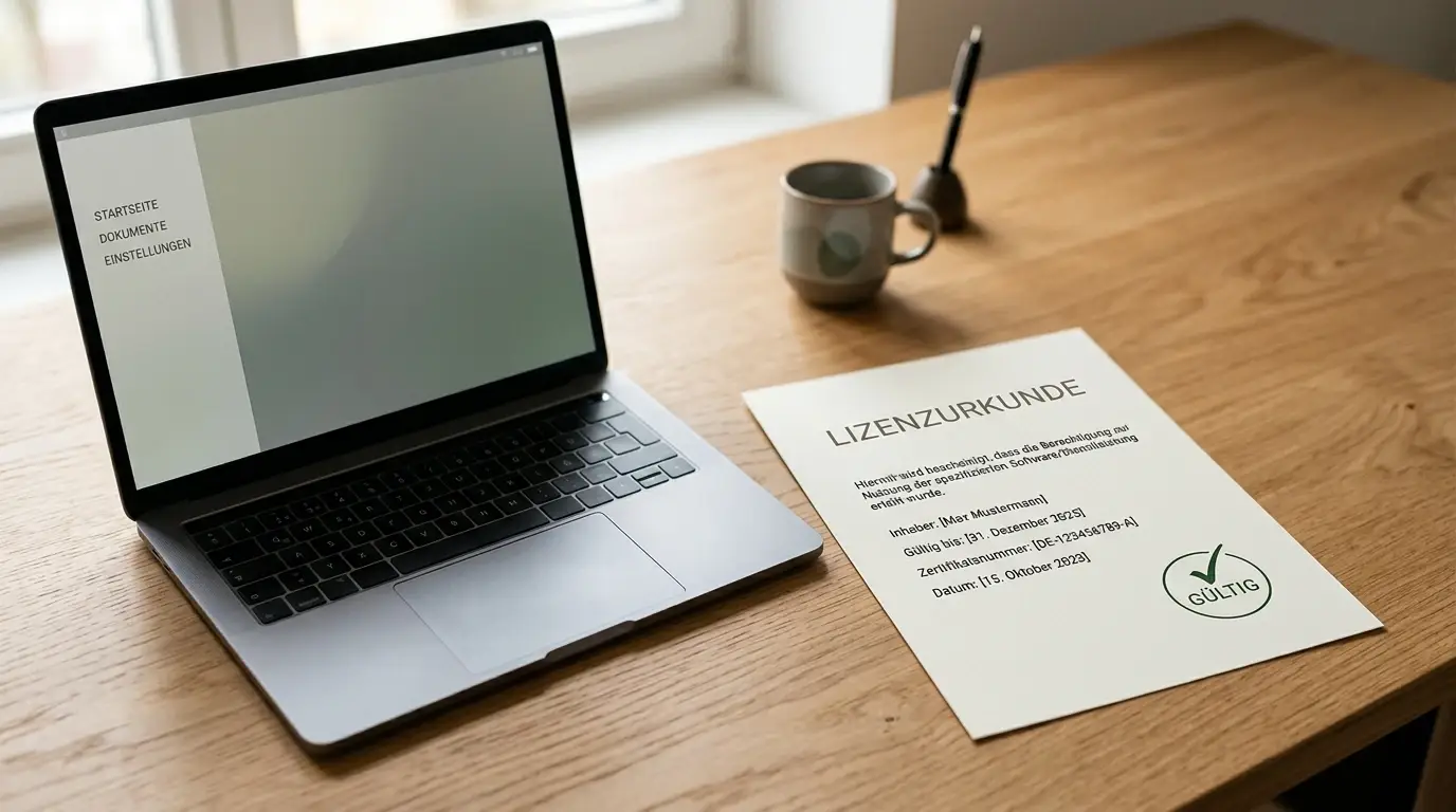 Neutrales Lizenzdokument mit Prüfhaken neben einem Laptop auf einem aufgeräumten Schreibtisch