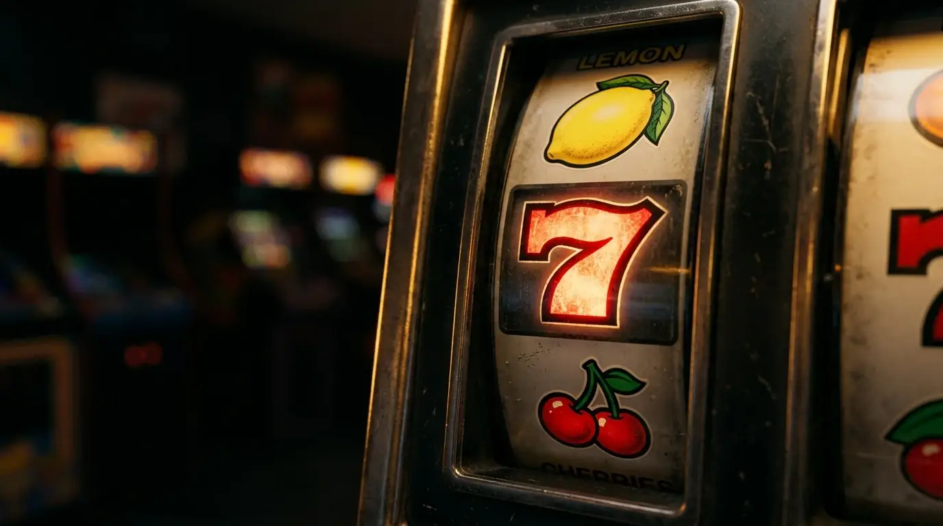 Klassischer Früchte-Spielautomat mit roter Sieben und Walzen im warmen Licht