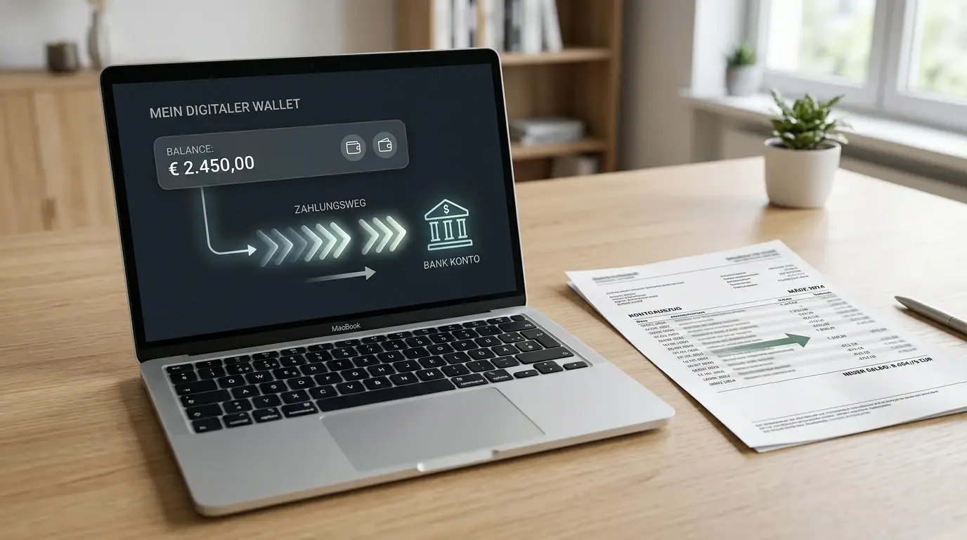 Abstrakter Zahlungsweg vom Casino-Wallet zum Bankkonto auf einem Schreibtisch