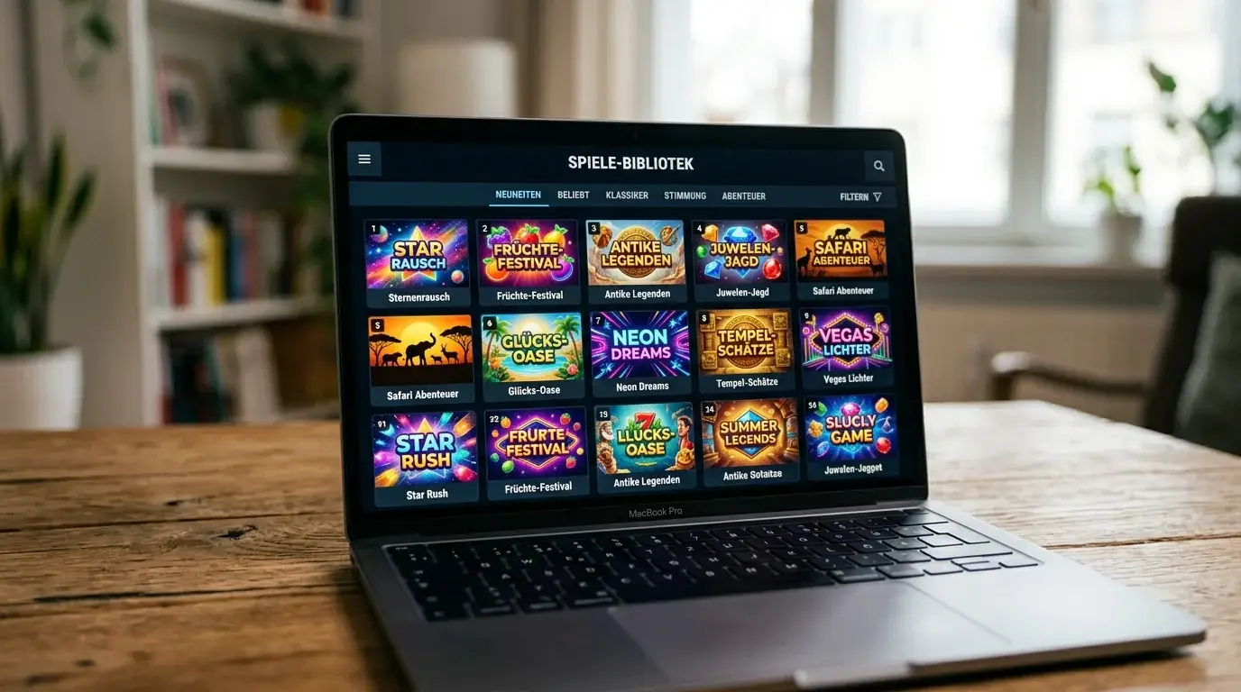 Laptop-Bildschirm mit Raster aus bunten Slot-Vorschaubildern in einer Spielebibliothek