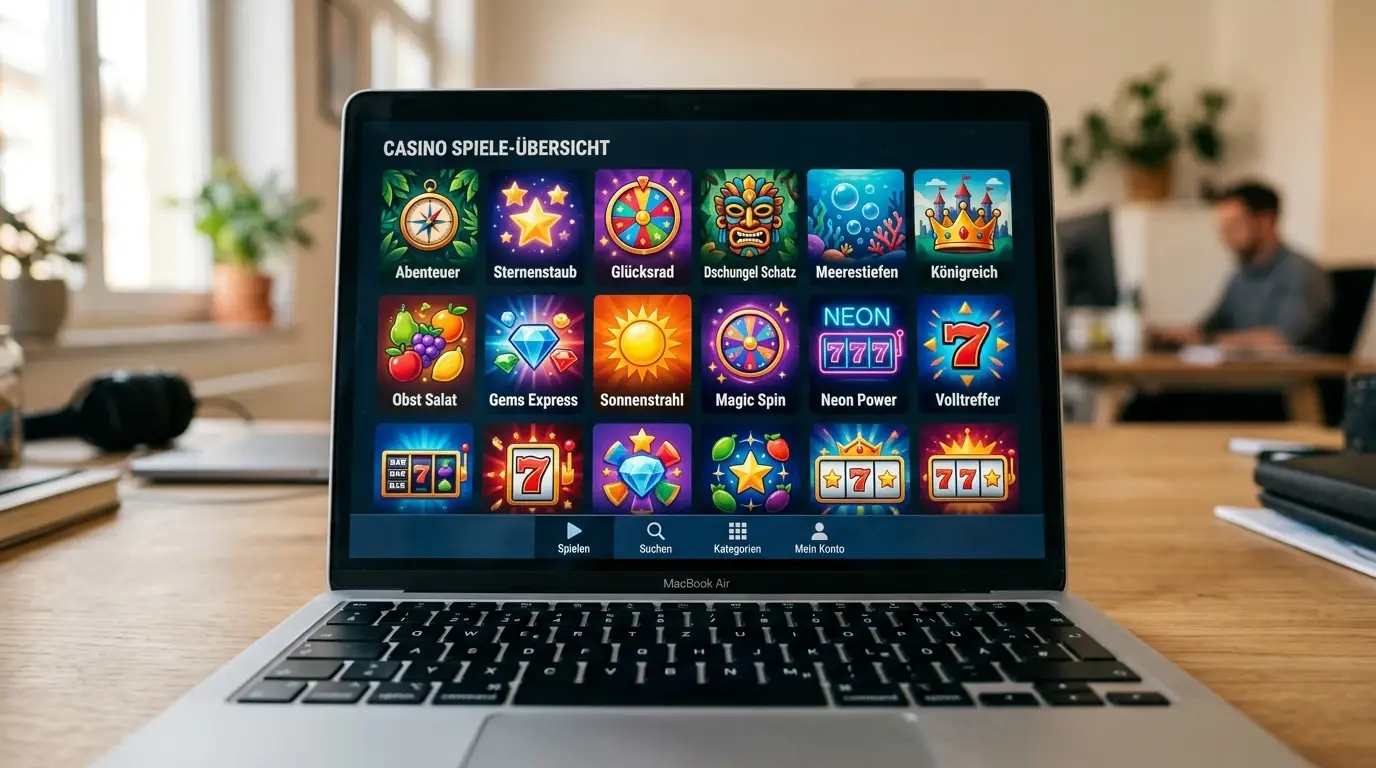 Laptop-Bildschirm mit Übersicht verschiedener Spielautomaten-Vorschaubilder