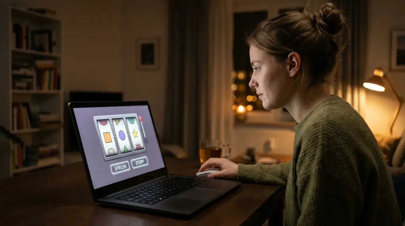 Person am Laptop startet ein Spielautomaten-Spiel mit generischen Walzen ohne Markenzeichen