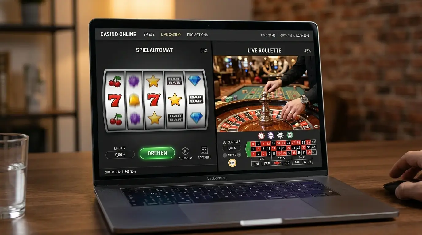 Laptop-Bildschirm zeigt generische Spielautomat-Walzen und Live-Roulette-Tisch nebeneinander