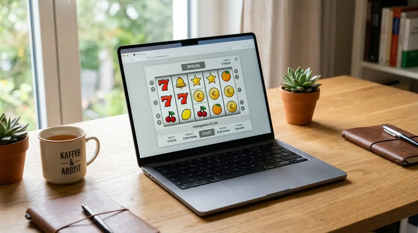 Spielautomaten mit kleinen Einsätzen auf einem Laptop-Bildschirm in neutraler Umgebung