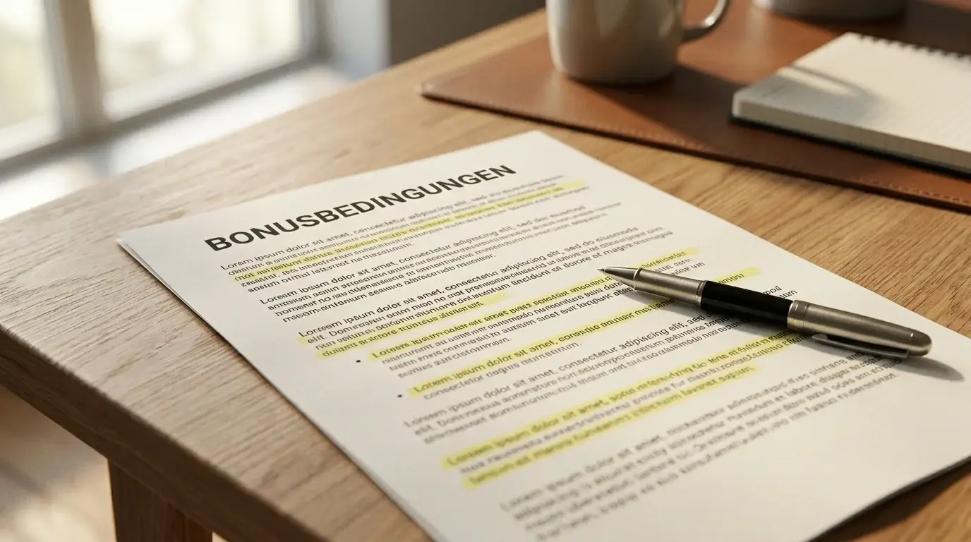 Neutrales Bonusdokument mit markierten Umsatzbedingungen