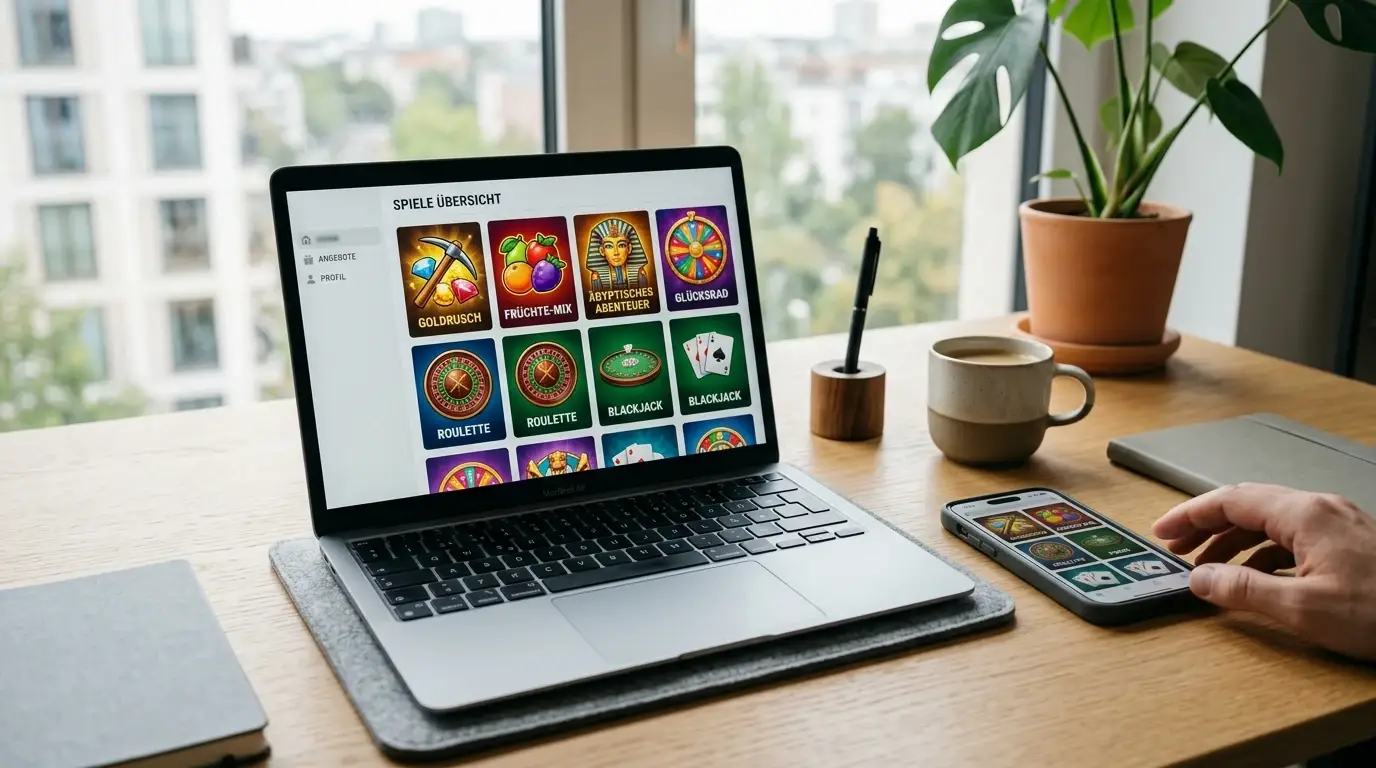 Laptop und Smartphone mit neutraler Casino-Spielauswahl