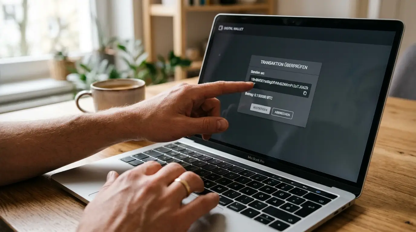 Person prüft eine SOL-Wallet-Adresse auf einem Laptop