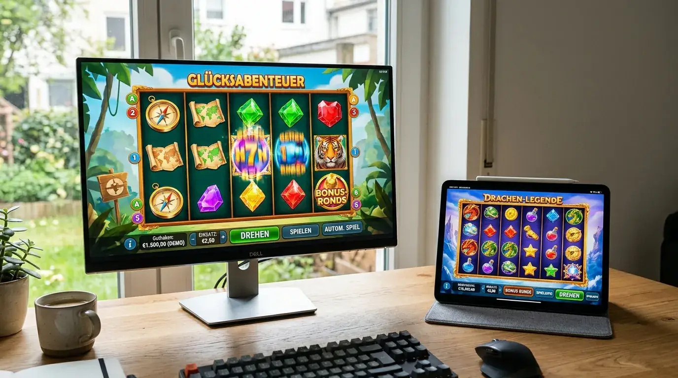 Geöffnete Demo-Spiele verschiedener Anbieter auf Desktop und Tablet nebeneinander
