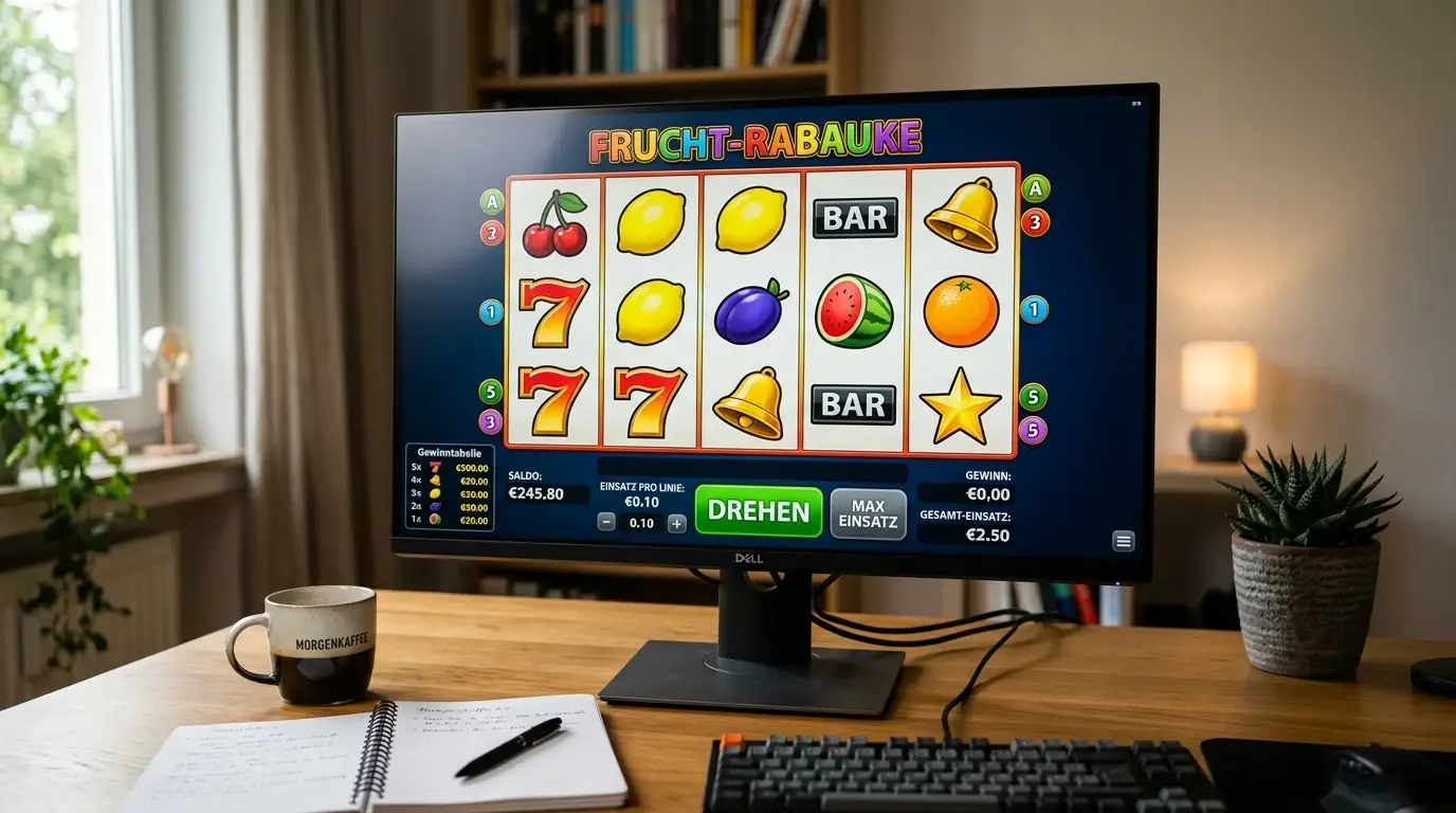 Slot-Automat am Bildschirm mit Walzen und Auszahlungstafel