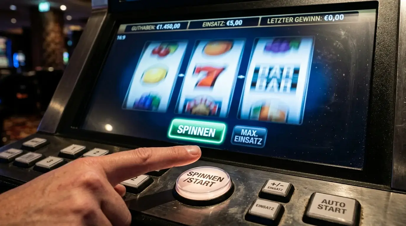 Nahaufnahme einer Spielautomaten-Oberfläche mit aktiviertem Schnellspiel-Modus ohne Pause-Symbol