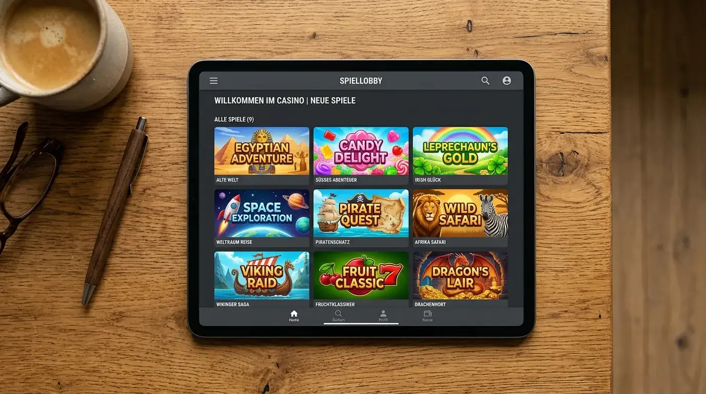 Tablet mit Spielautomaten-Übersicht in einer deutschen Casino-App