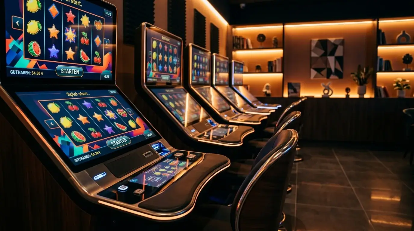 Spielautomaten-Bibliothek mit klassischer Walzenoptik und warmer Beleuchtung im Casino-Ambiente