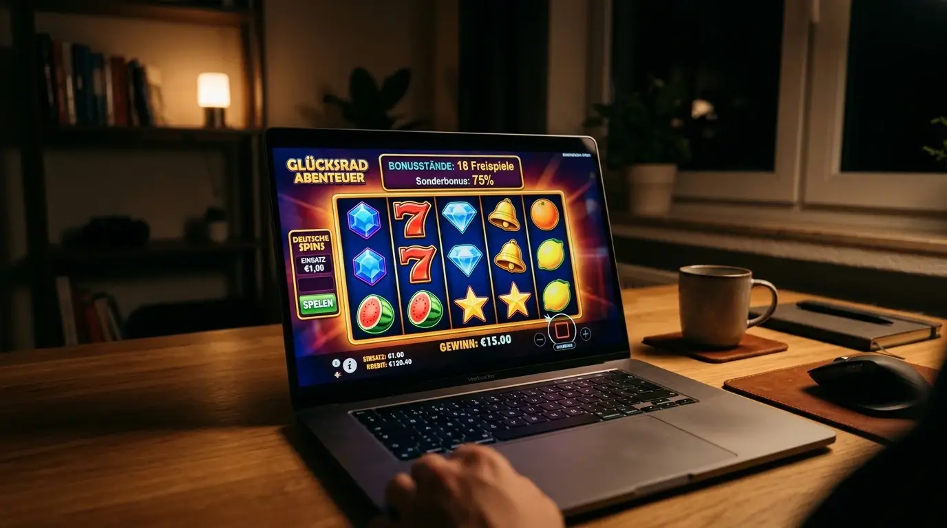 Laptop-Display zeigt bunten Slot-Spielautomat in Nahaufnahme, Bonusguthaben-Anzeige sichtbar, gedämpftes Raumlicht, modernes Setup
