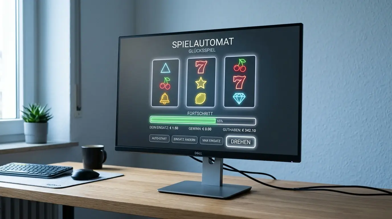 Laptop-Bildschirm mit Spielautomaten-Walzen und RTP-Anzeige ohne Branding