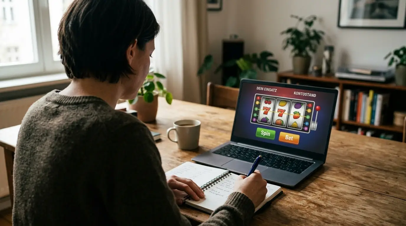 Spieler mit Notizblock und festgelegtem Budget neben Laptop