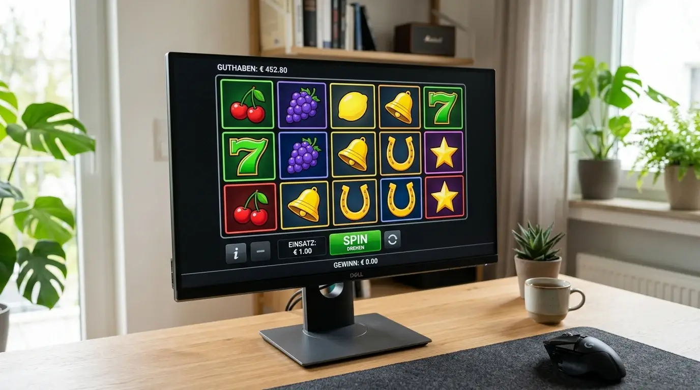 Spielautomaten-Auswahl und Bonusbedingungen auf einem Monitor
