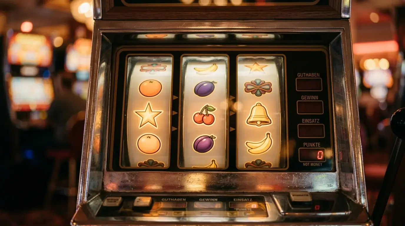 Nahaufnahme generischer Spielautomaten-Walzen mit neutralen Symbolen ohne Markenbezug