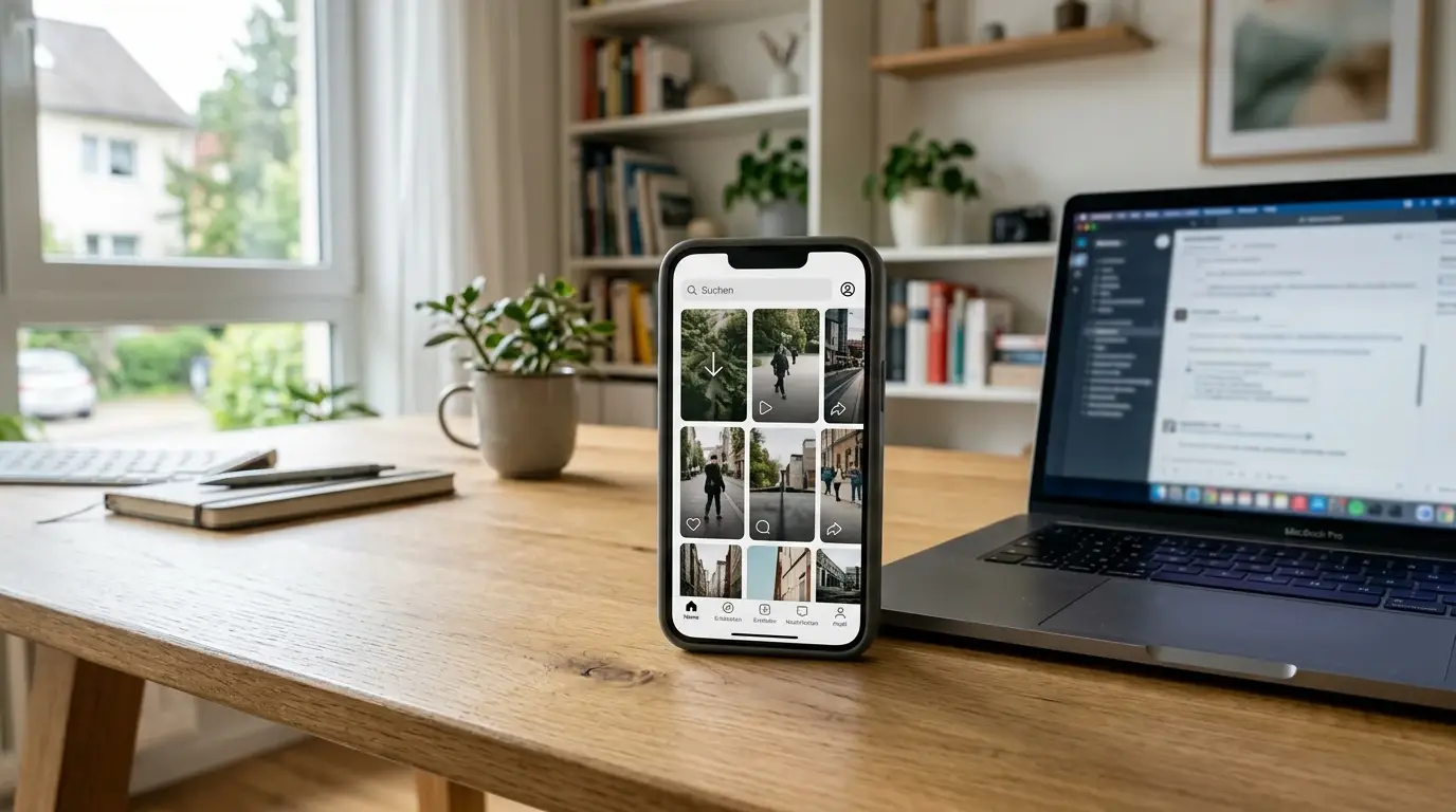 Smartphone mit neutraler Darstellung virtueller Automatenspiele neben einem schlichten iOS-Symbol