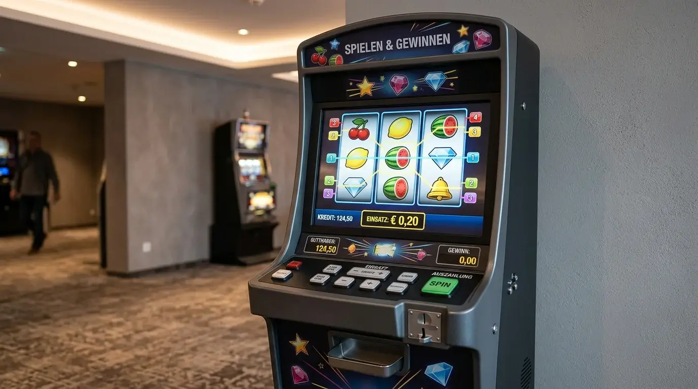 Generischer Spielautomat mit bunten Walzensymbolen und niedrigem Einsatzdisplay in neutraler Umgebung