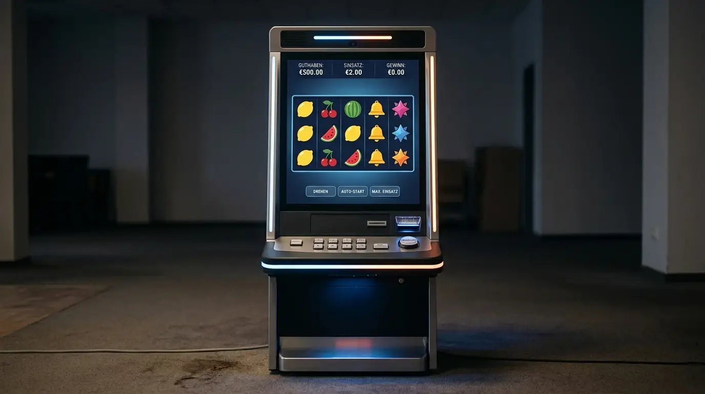 Frontansicht eines einzelnen modernen Spielautomaten mit generischen Symbolen auf dem Bildschirm in einem neutralen Raum