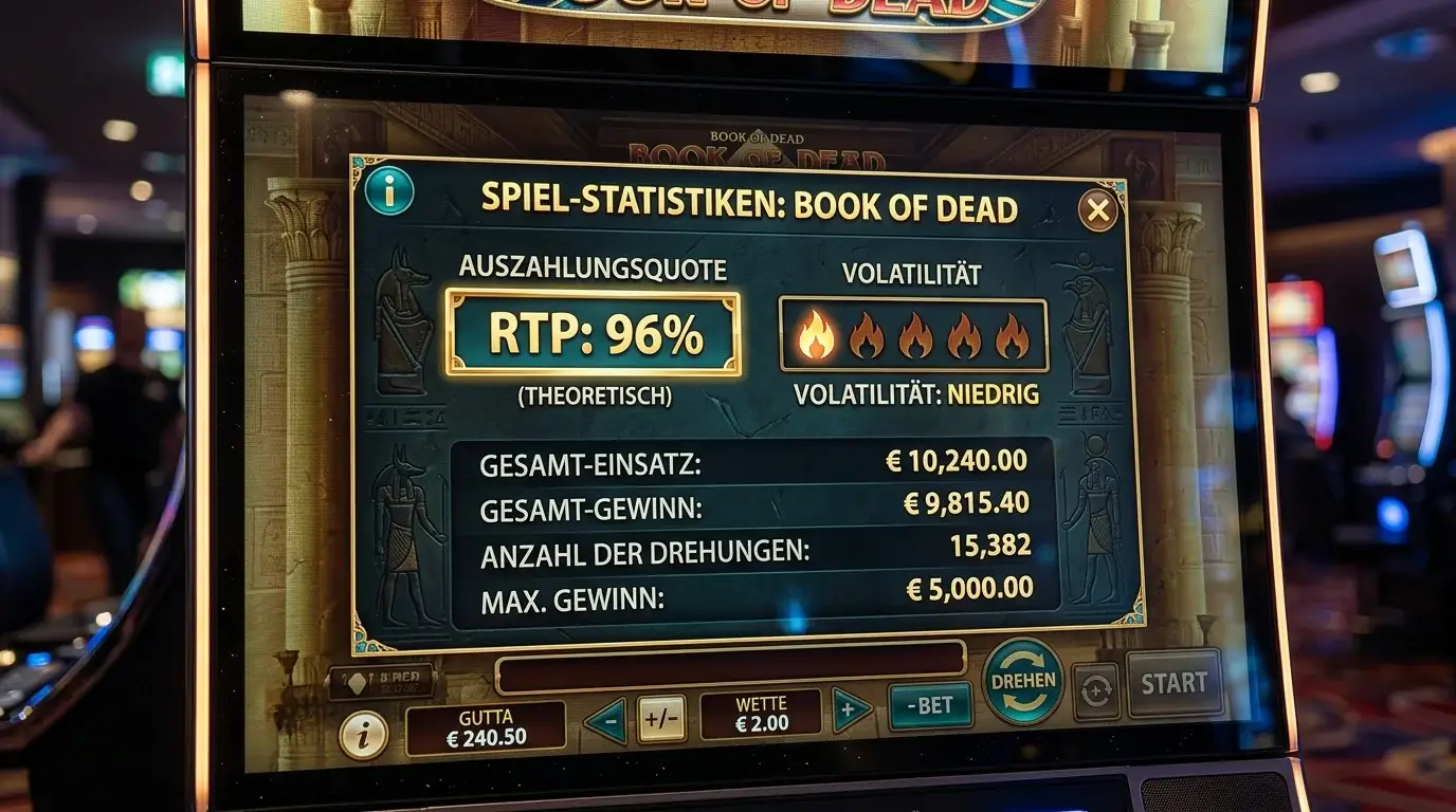 Spielautomat Book of Dead zeigt RTP-Wert 96 Prozent und niedrige Volatilität