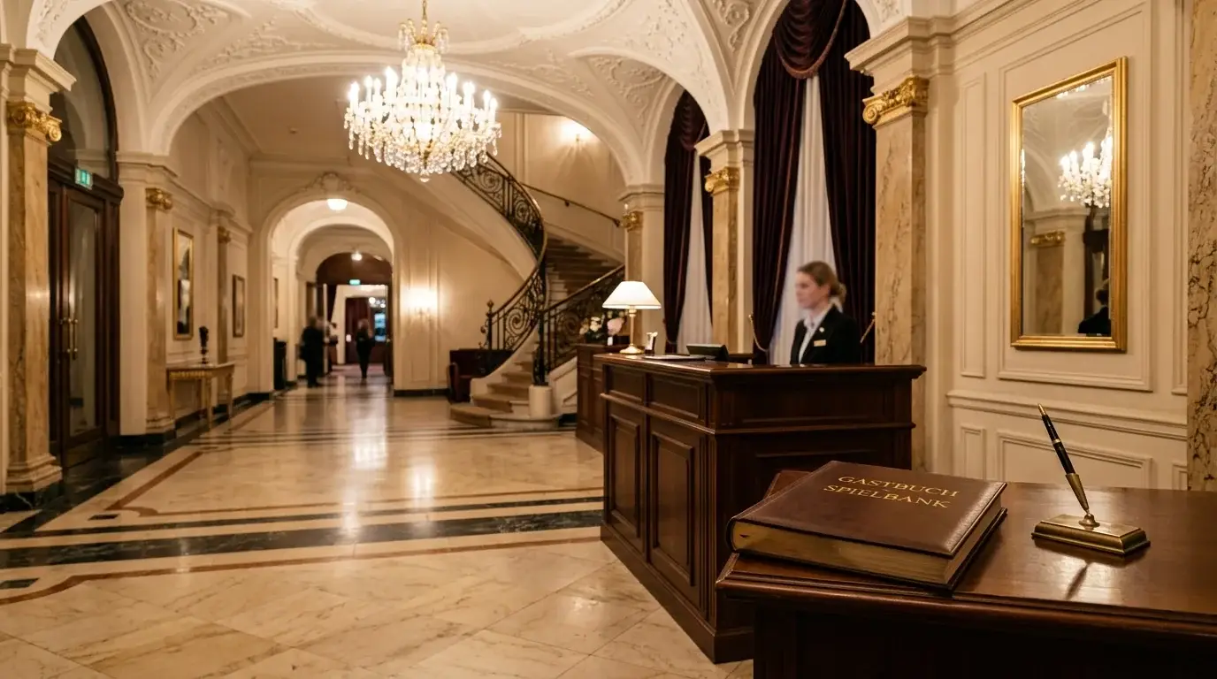 Eingang einer stationären Spielbank mit Ausweiskontrolle am Empfang