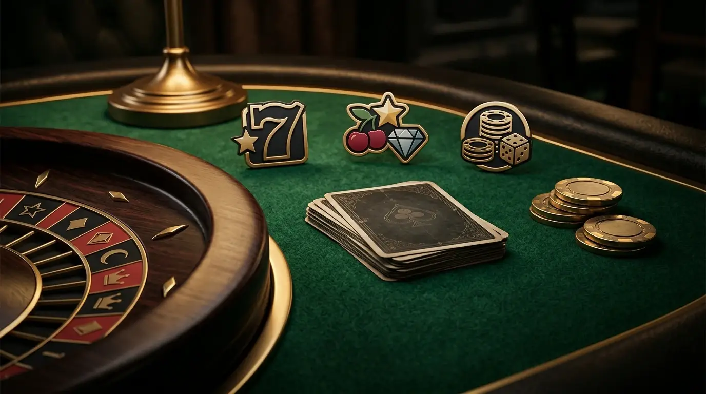 Symbolische Darstellung verschiedener Spielkategorien an einem Casino-Tisch