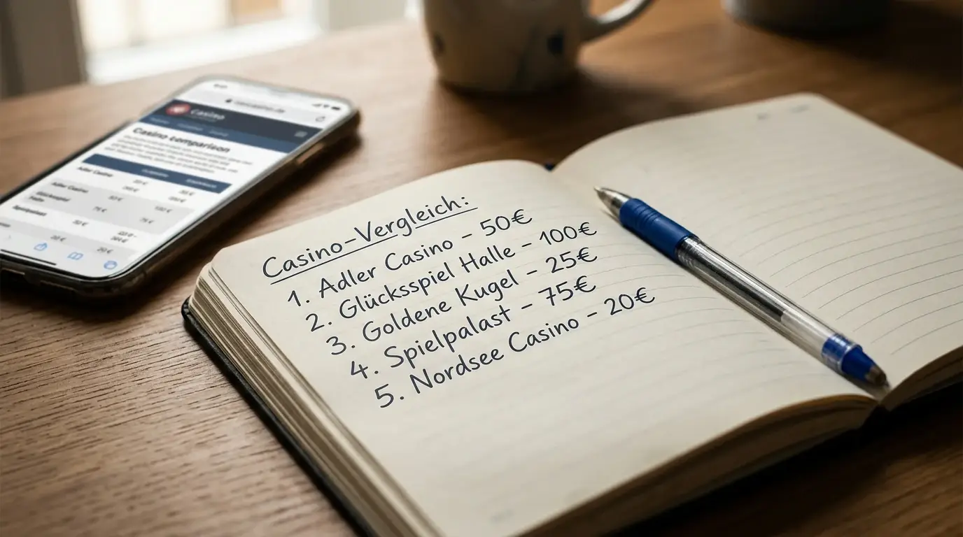 Nahaufnahme eines Notizblocks mit handschriftlicher Liste von GGL-Casinos und Mindesteinzahlungen