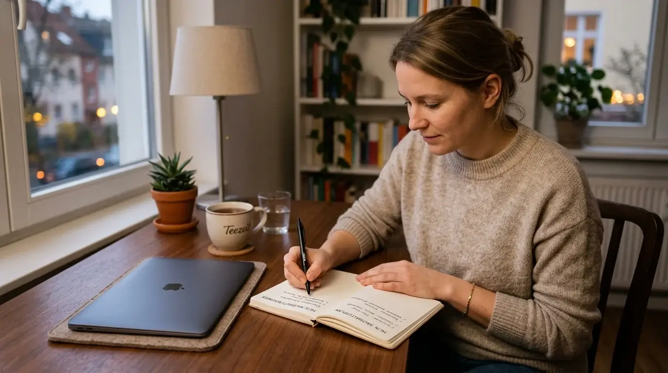 Person notiert am Schreibtisch ein festes Spielbudget in ein Notizbuch