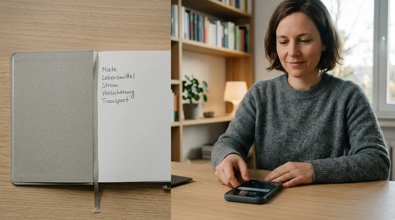 Ruhiger Arbeitsplatz mit Budgetnotizen und geschlossenem Smartphone