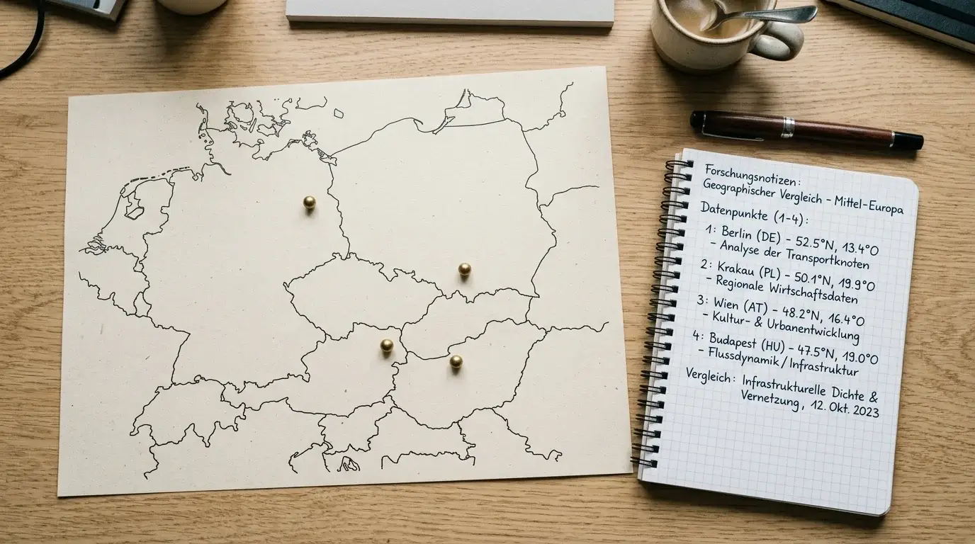 Skizzierte Europakarte auf einem Schreibtisch mit Notizbuch und neutralen Markierungen