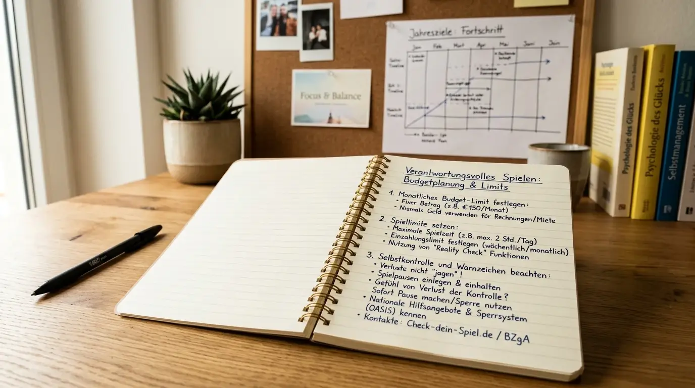 Notizbuch mit handschriftlichen Budgetgrenzen als Spielerschutz-Symbol