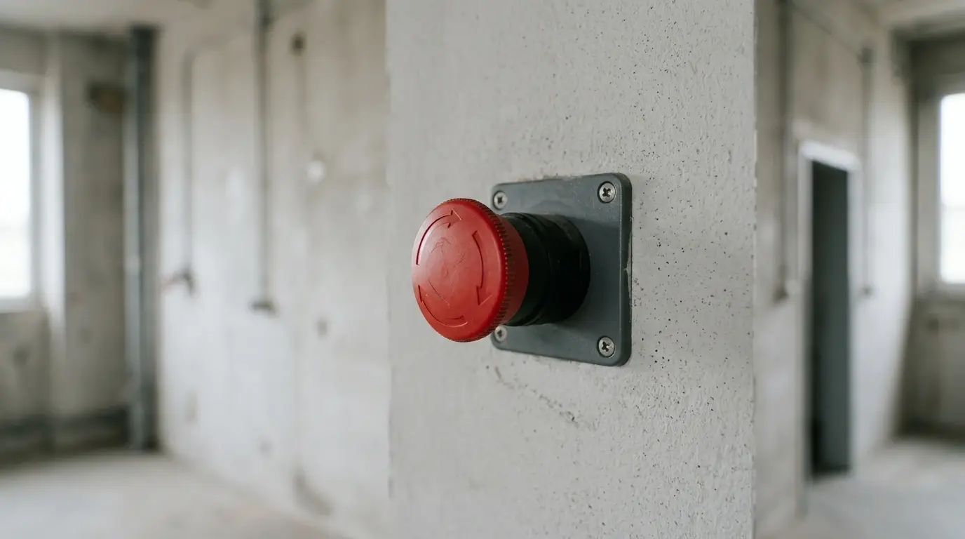 Roter Notausschalter an einer Wand als Sinnbild für Paniktaste und Selbstsperre