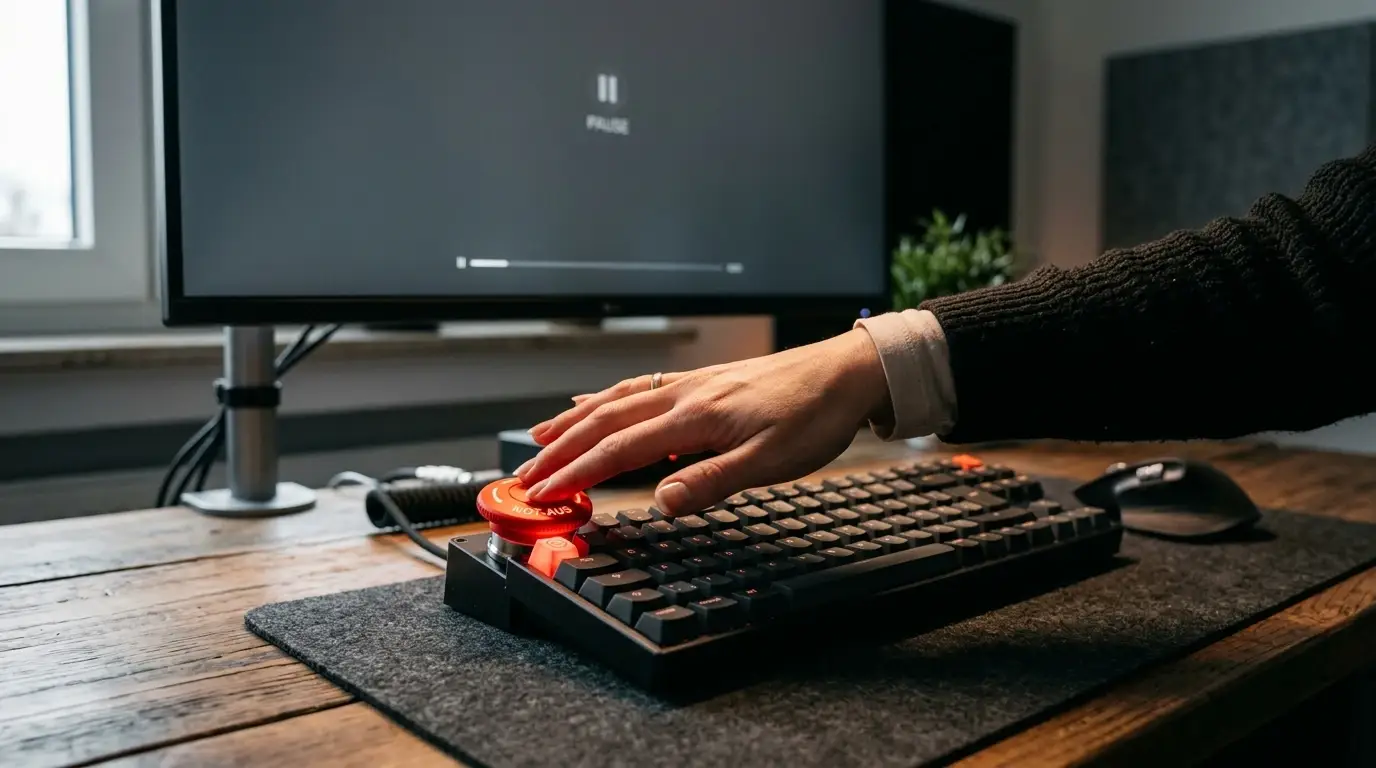 Hand drückt einen roten Notfall-Knopf an einer Tastatur, Monitor zeigt neutralen Pausenbildschirm