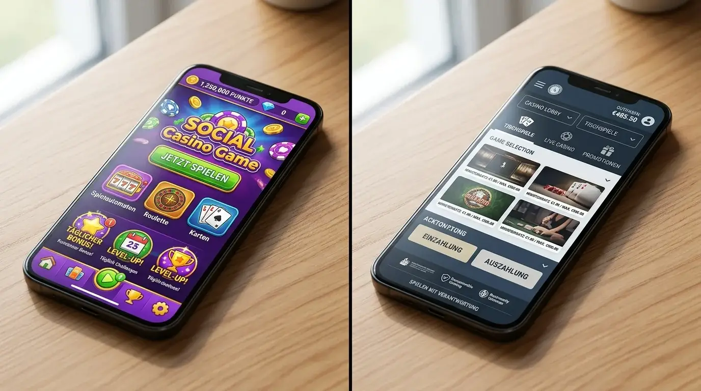 Vergleich zweier Bildschirmansichten: links virtuelles Spielgeld-Casino, rechts lizenziertes Echtgeld-Casino ohne Branding