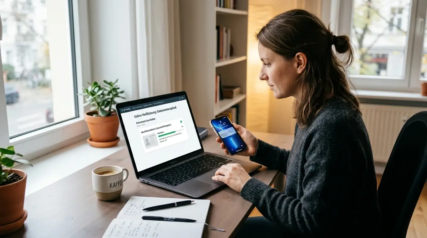 Person am Laptop mit Verifizierungsschritten und Dokumenten-Upload
