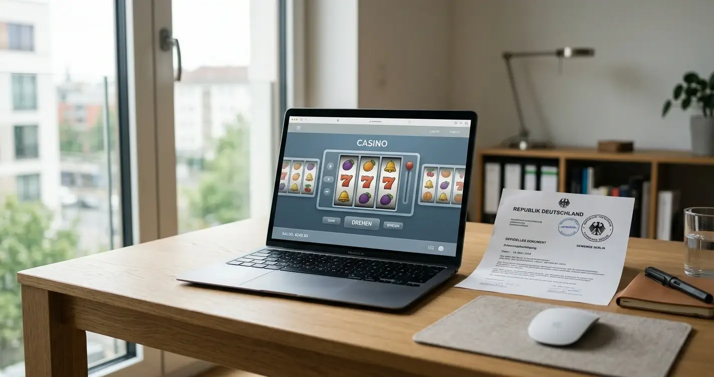 Laptop auf modernem Schreibtisch mit deutschem Glücksspiel-Dokument und neutraler Casino-Oberfläche