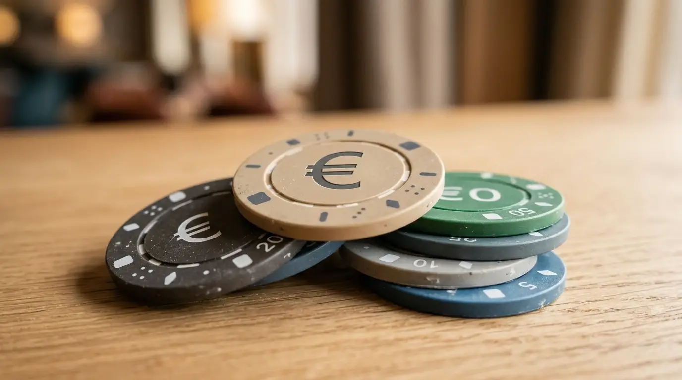 Nahaufnahme von Casino-Chips und symbolischem Euro-Zeichen ohne reale Geldscheine
