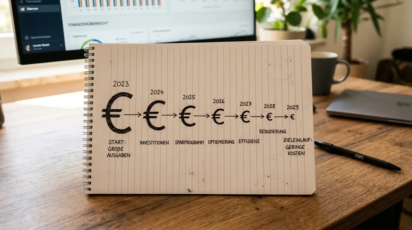 Zeitstrahl-Grafik mit Euro-Symbolen und abnehmender Tendenz