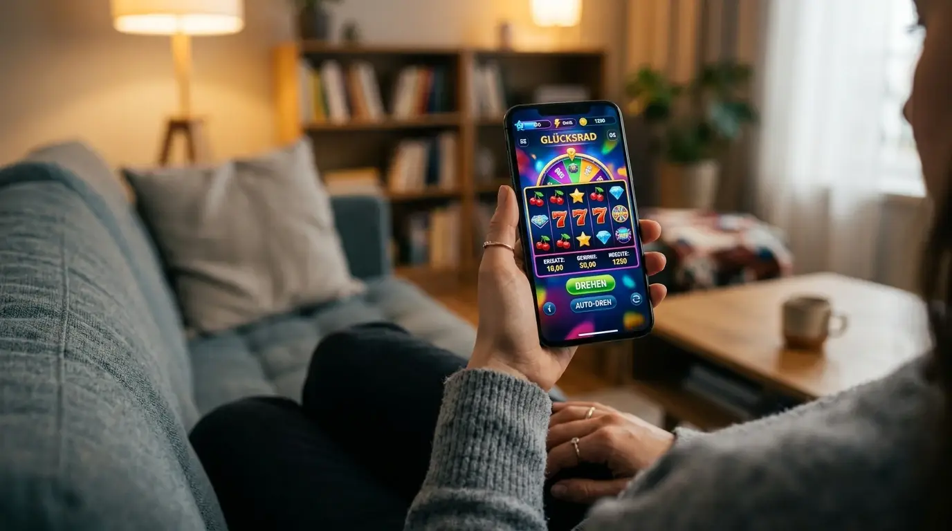 Hand hält Smartphone mit Slot-Oberfläche auf dem Sofa im Wohnzimmer