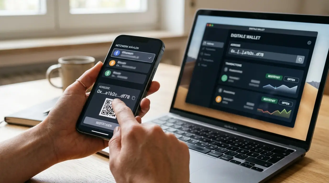 Smartphone-Bildschirm mit Wallet-Oberfläche, mehrere Netzwerkoptionen sichtbar, neutrales Design ohne Marken