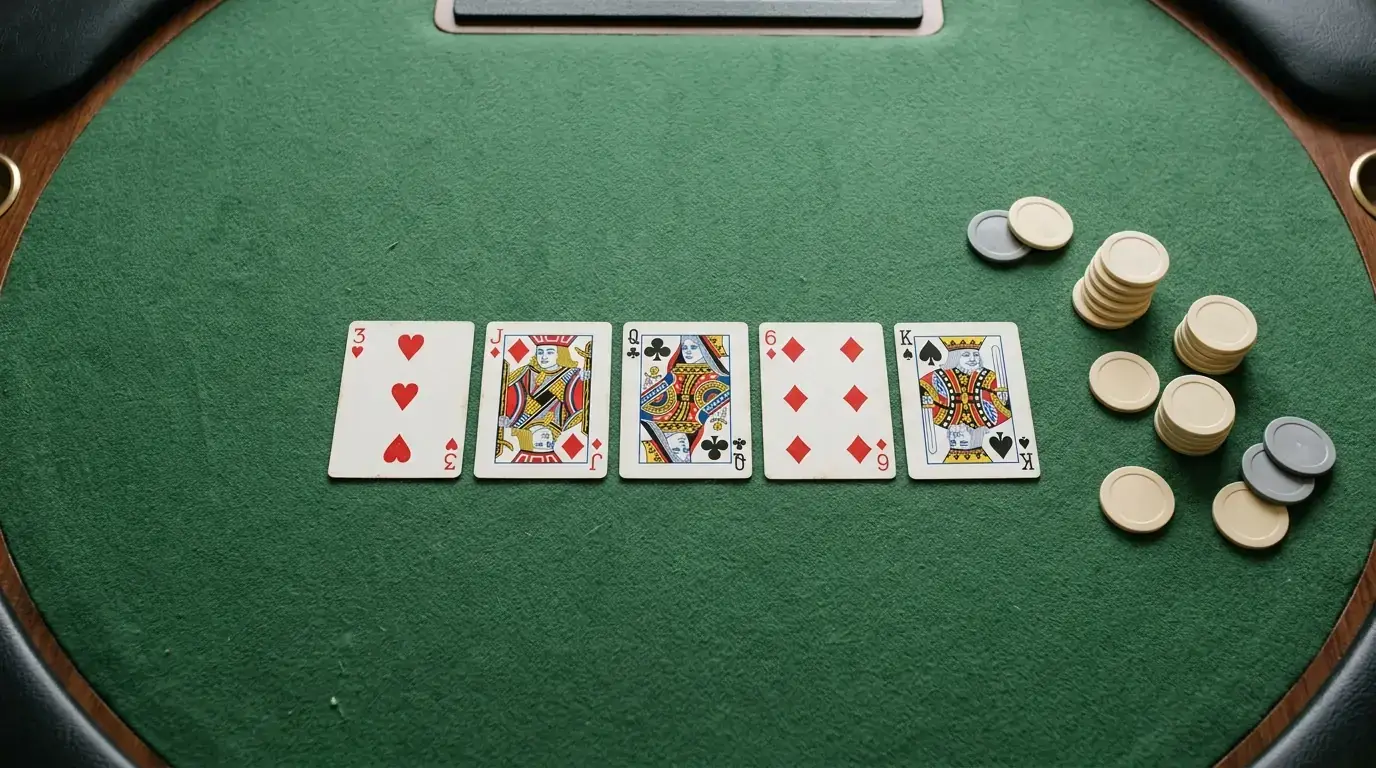 Gemeinschaftskarten und Chips auf grünem Filz beim Texas Hold'em
