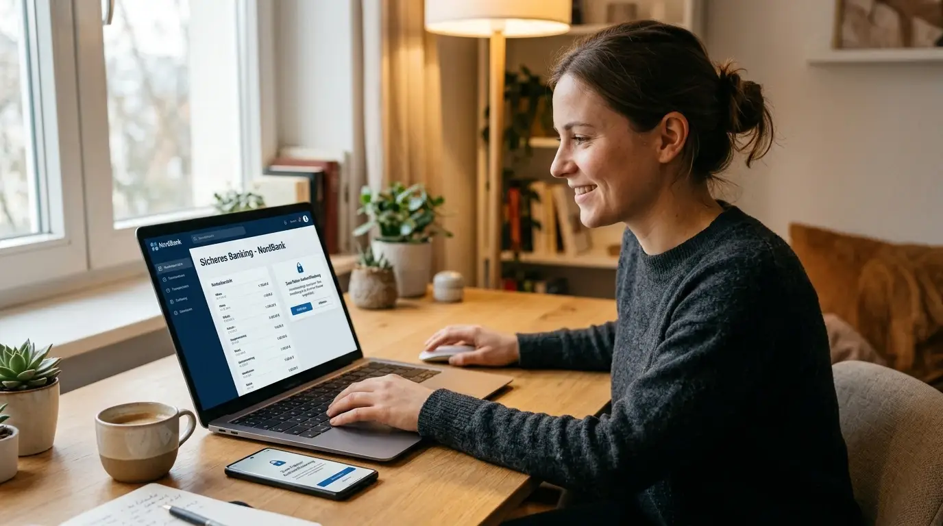 Person am Laptop mit Online-Banking-Interface und Smartphone-Authentifizierung