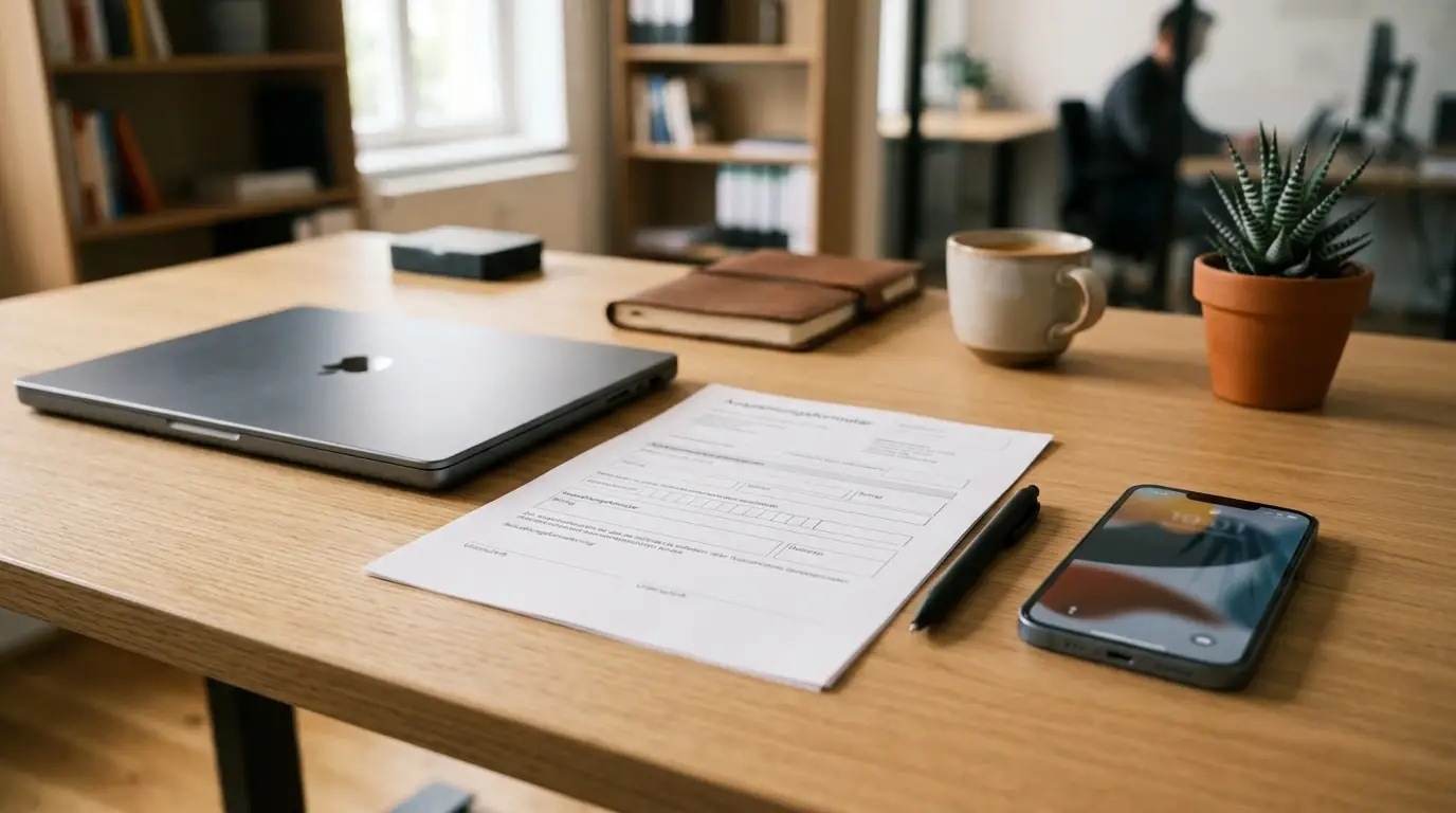 Schreibtisch mit neutralem Auszahlungsformular und Smartphone