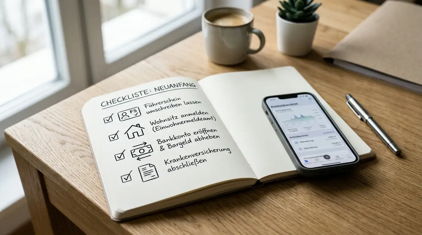 Notizblatt mit Lizenz-, Wohnsitz- und Auszahlungspunkten neben einem Smartphone
