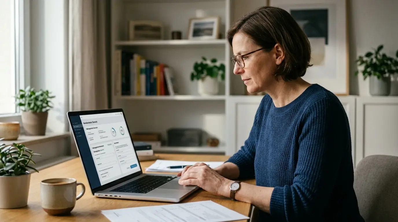 Person prüft Betreiberangaben und Zahlungsdetails an einem Laptop