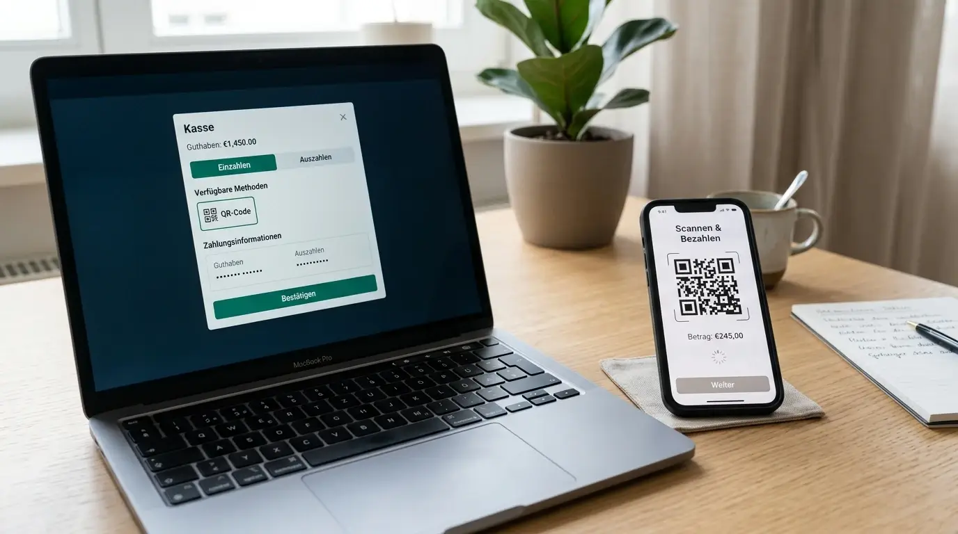 Smartphone mit neutralem QR-Zahlungsvorgang neben einem Casino-Kassenfenster