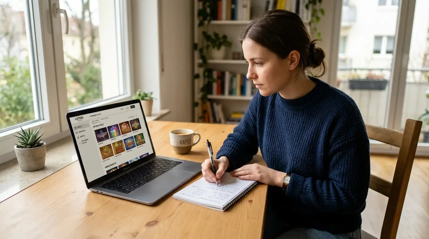 Person am Laptop mit Notizblock und Stift beim Durchrechnen von Bonusbedingungen