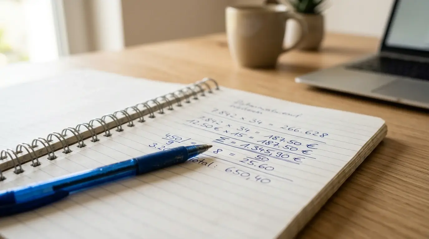 Nahaufnahme von Notizblock mit handschriftlichen Berechnungen und Stift